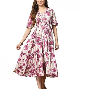 Stylum Women's Floral Printed Cotton Flared Dress magenta