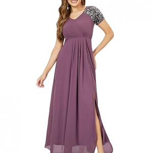 Miss Chase Women's Halter-Neck Cap-Sleeve Pleated Embellished Georgette Maxi Dress , mauve