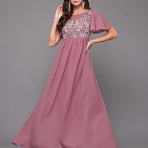 Miss Chase Women's Halter-Neck Cap-Sleeve Pleated Embellished Georgette Maxi Dress , huckleberry