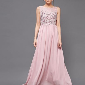 Miss Chase Women's Halter-Neck Cap-Sleeve Pleated Embellished Georgette Maxi Dress , snakefruit pink