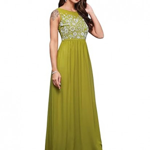 Miss Chase Women's Halter-Neck Cap-Sleeve Pleated Embellished Georgette Maxi Dress , sankefruit green