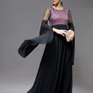 Miss Chase Women's Halter-Neck Cap-Sleeve Pleated Embellished Georgette Maxi Dress , fig black