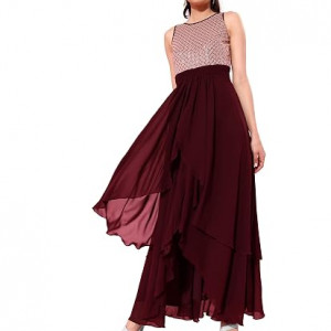 Miss Chase Women's Halter-Neck Cap-Sleeve Pleated Embellished Georgette Maxi Dress , syrah wine Peach