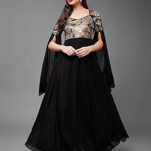 Miss Chase Women's Halter-Neck Cap-Sleeve Pleated Embellished Georgette Maxi Dress , Persimmon black