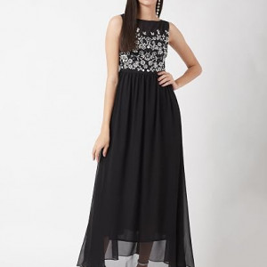 Miss Chase Women's Halter-Neck Cap-Sleeve Pleated Embellished Georgette Maxi Dress , Cherry Black