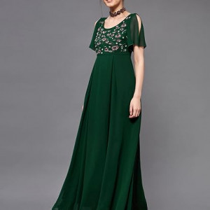 Miss Chase Women's Halter-Neck Cap-Sleeve Pleated Embellished Georgette Maxi Dress , Avocado Green