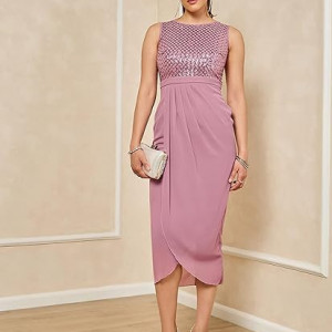 Miss Chase Women's Halter-Neck Cap-Sleeve Pleated Embellished Georgette Maxi Dress , Daligha