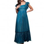 Miss Chase Women's Halter-Neck Cap-Sleeve Pleated Embellished Georgette Maxi Dress , gulf teal