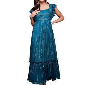 Miss Chase Women's Halter-Neck Cap-Sleeve Pleated Embellished Georgette Maxi Dress , gulf teal