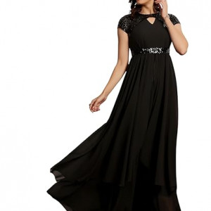 Miss Chase Women's Halter-Neck Cap-Sleeve Pleated Embellished Georgette Maxi Dress , pPlum Black