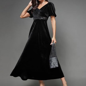 Miss Chase Women's Halter-Neck Cap-Sleeve Pleated Embellished Georgette Maxi Dress , Sapote Black