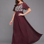 Miss Chase Women's Halter-Neck Cap-Sleeve Pleated Embellished Georgette Dress , wine