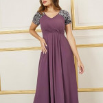 Miss Chase Women's Halter-Neck Cap-Sleeve Pleated Embellished Georgette Maxi Dress , mauve