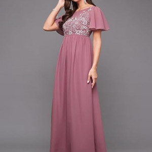Miss Chase Women's Halter-Neck Cap-Sleeve Pleated Embellished Georgette Maxi Dress , huckleberry