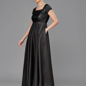 Miss Chase Women's Halter-Neck Cap-Sleeve Pleated Embellished Georgette Maxi Dress , black