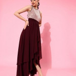 Miss Chase Women's Halter-Neck Cap-Sleeve Pleated Embellished Georgette Maxi Dress , syrah wine Peach