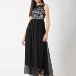 Miss Chase Women's Halter-Neck Cap-Sleeve Pleated Embellished Georgette Maxi Dress , Cherry Black