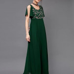 Miss Chase Women's Halter-Neck Cap-Sleeve Pleated Embellished Georgette Maxi Dress , Avocado Green