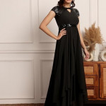 Miss Chase Women's Halter-Neck Cap-Sleeve Pleated Embellished Georgette Maxi Dress , pPlum Black