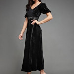 Miss Chase Women's Halter-Neck Cap-Sleeve Pleated Embellished Georgette Maxi Dress , Sapote Black