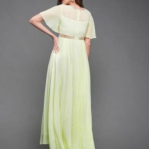 Miss Chase Women's Halter-Neck Cap-Sleeve Pleated Embellished Georgette Maxi Dress , starburst yellow