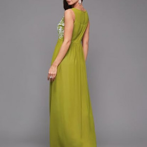 Miss Chase Women's Halter-Neck Cap-Sleeve Pleated Embellished Georgette Maxi Dress , sankefruit green