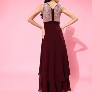Miss Chase Women's Halter-Neck Cap-Sleeve Pleated Embellished Georgette Maxi Dress , syrah wine Peach