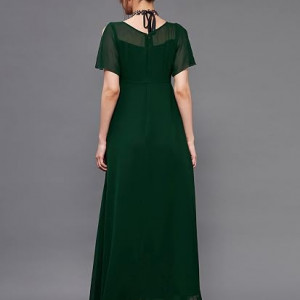 Miss Chase Women's Halter-Neck Cap-Sleeve Pleated Embellished Georgette Maxi Dress , Avocado Green