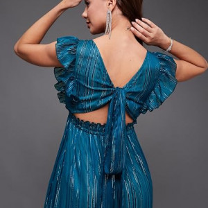 Miss Chase Women's Halter-Neck Cap-Sleeve Pleated Embellished Georgette Maxi Dress , gulf teal