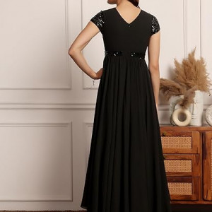 Miss Chase Women's Halter-Neck Cap-Sleeve Pleated Embellished Georgette Maxi Dress , pPlum Black