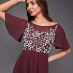Miss Chase Women's Halter-Neck Cap-Sleeve Pleated Embellished Georgette Dress , wine
