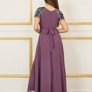 Miss Chase Women's Halter-Neck Cap-Sleeve Pleated Embellished Georgette Maxi Dress , mauve