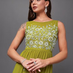 Miss Chase Women's Halter-Neck Cap-Sleeve Pleated Embellished Georgette Maxi Dress , sankefruit green