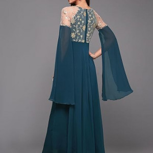 Miss Chase Women's Halter-Neck Cap-Sleeve Pleated Embellished Georgette Maxi Dress , Harbor teal