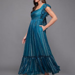 Miss Chase Women's Halter-Neck Cap-Sleeve Pleated Embellished Georgette Maxi Dress , gulf teal