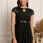 Miss Chase Women's Halter-Neck Cap-Sleeve Pleated Embellished Georgette Maxi Dress , pPlum Black